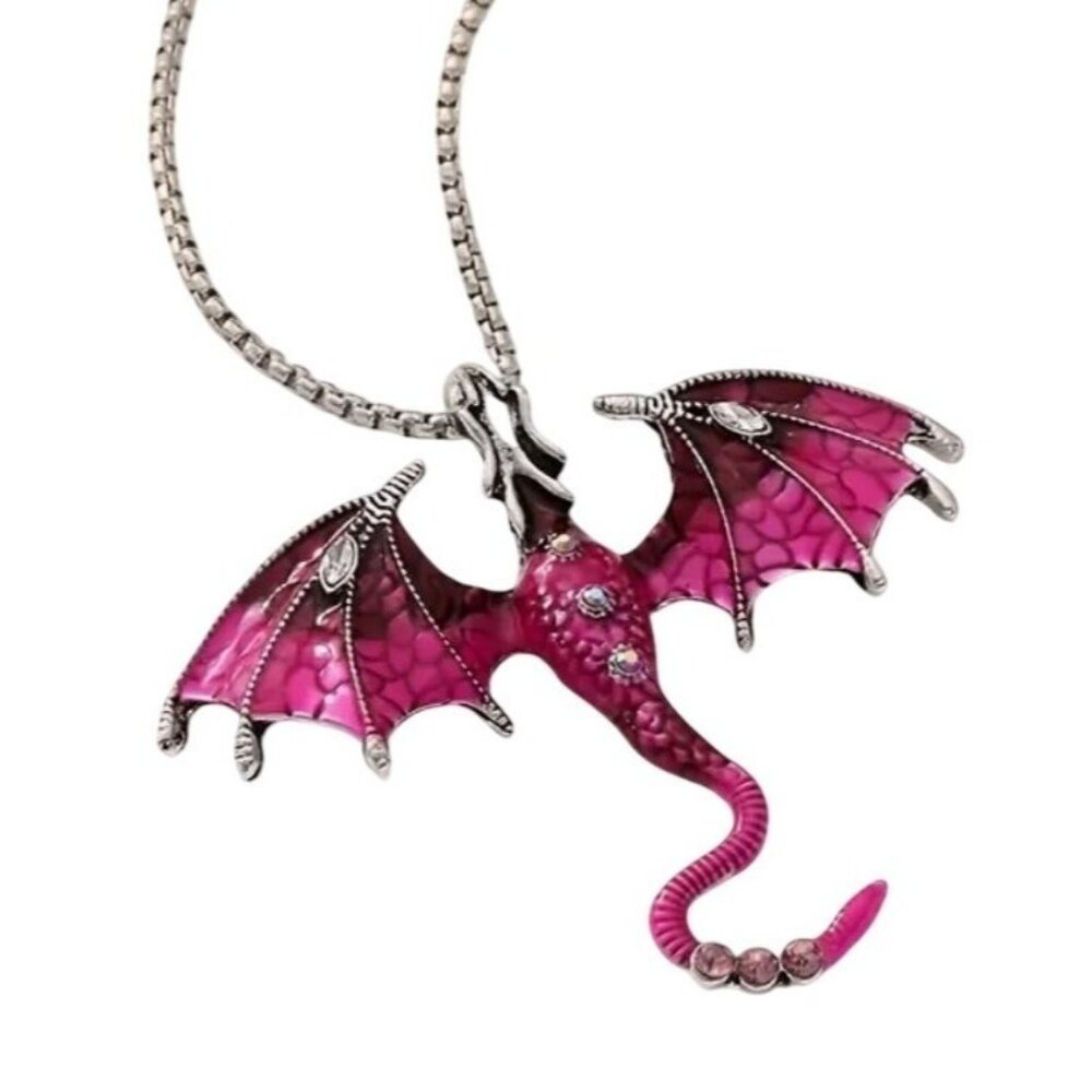 Pink & Red Enamel Dragon Pendant Necklace With Crystal Accents Silver Tone